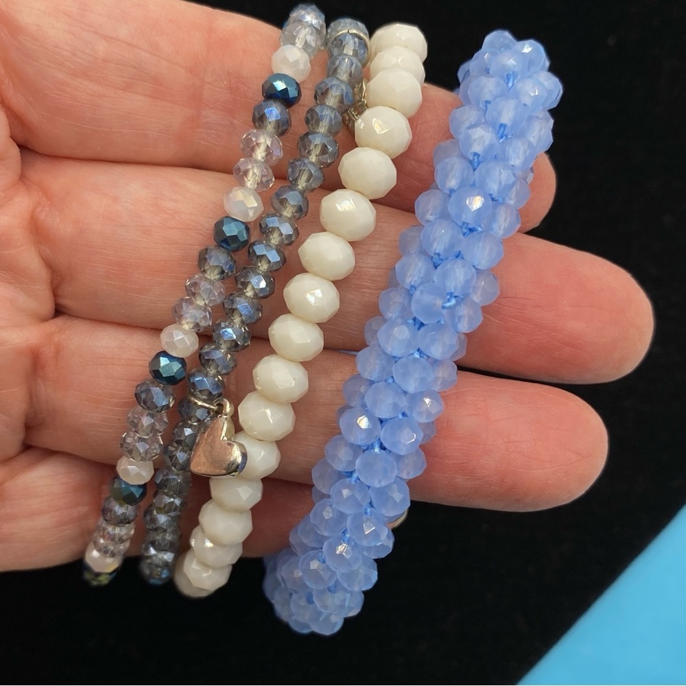 Stretchy Blue and White Bead Bracelet Set Of 4